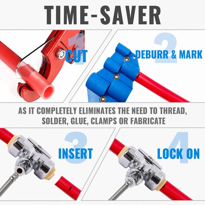 SUNGATOR Service Tee Stop Valve, 1/2 Inch Ptc x 1/2 Inch Ptc x 1/4 Inch Compression, No Lead 1/4 Turn Push Fit Water Valve Shut Off with Disconnect Clip, Push-to-Connect PEX, Copper, CPVC (2-Pack) - Image 5